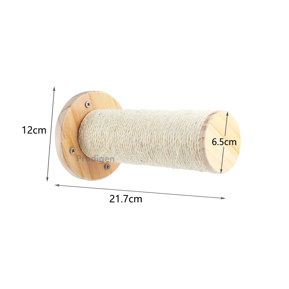 Wall-mounted sisal roller on a round wooden base, 21.7 cm long and 6.5 cm across, base 12 cm