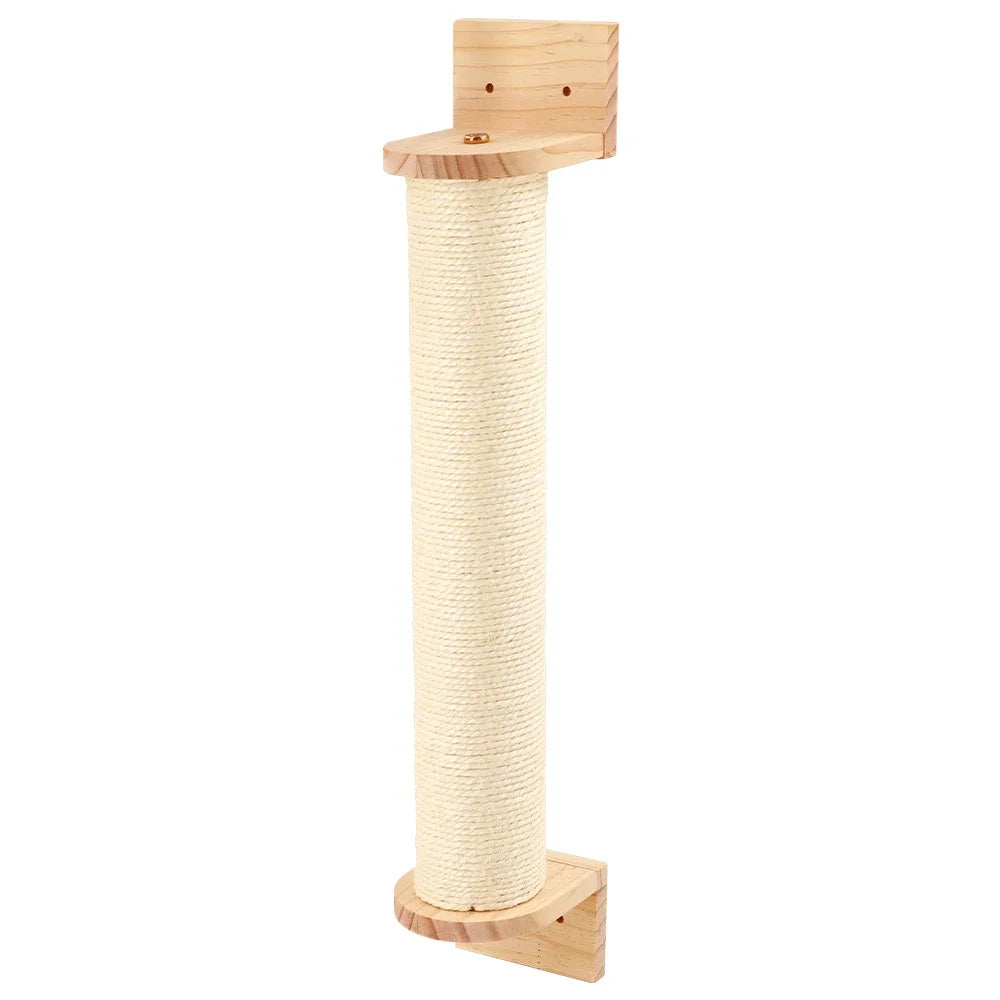 Wall-mounted sisal scratch pillar between a top and bottom wooden bracket