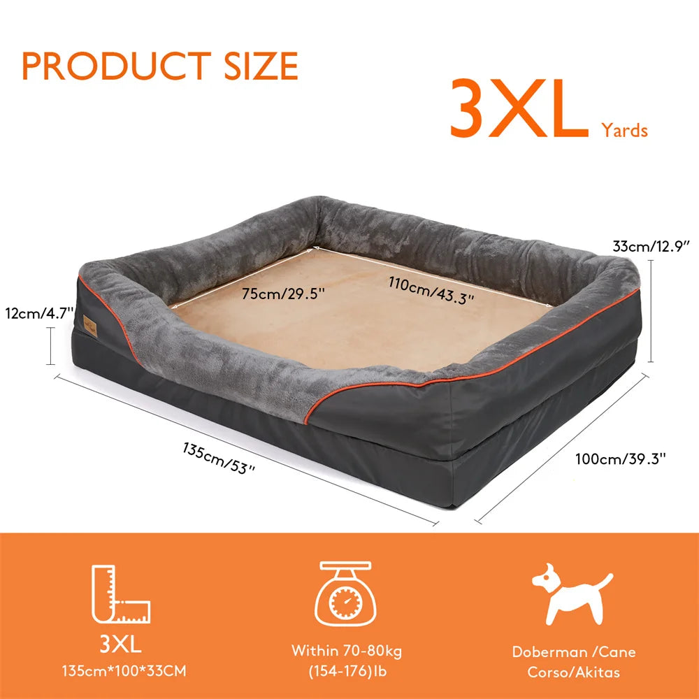 Size 3XL chart: 135 x 100 x 33 cm, 12 cm base, 110 x 75 cm sleeping area, 70 to 80 kg, e.g. dobermans and cane corsos