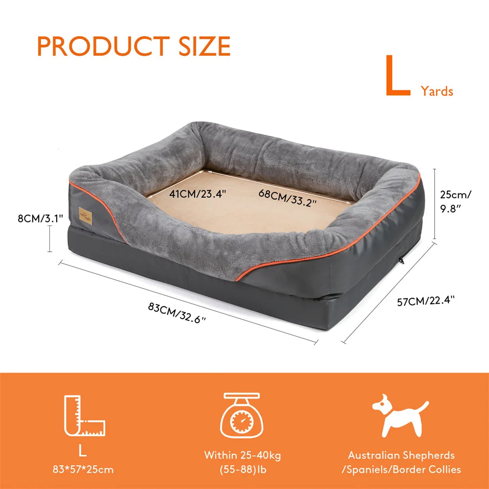 Size L chart: 83 x 57 x 25 cm, 8 cm base, 68 x 41 cm sleeping area, 25 to 40 kg, e.g. spaniels and border collies