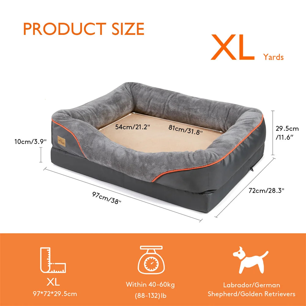 Size XL chart: 97 x 72 x 29.5 cm, 10 cm base, 81 x 54 cm sleeping area, 40 to 60 kg, e.g. labradors and golden retrievers