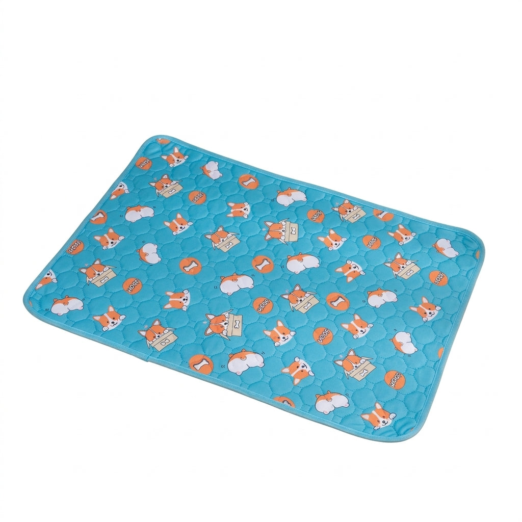 Teal quilted pet mat printed with cartoon corgis, orange circles and white bones