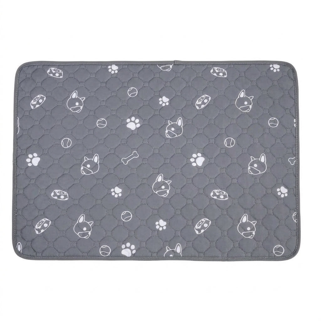Grey quilted pet mat with white line drawings of bulldog heads, paw prints, balls, bones and bowls