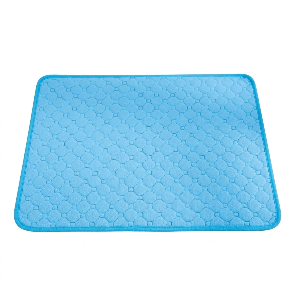 Sky blue quilted pet mat with octagon stitching and a darker blue bound edge
