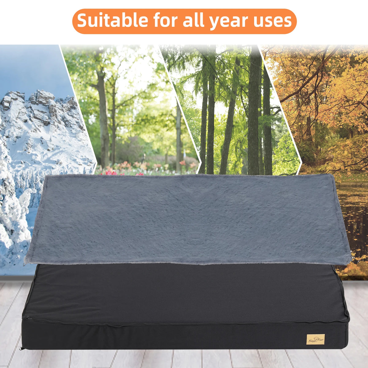 Black foam dog mattress with its grey plush cover, set against winter, spring, summer and autumn scenes