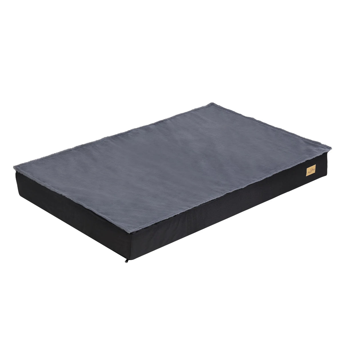 Waterproof dog bed, a flat foam mattress with a black base and a grey plush top cover