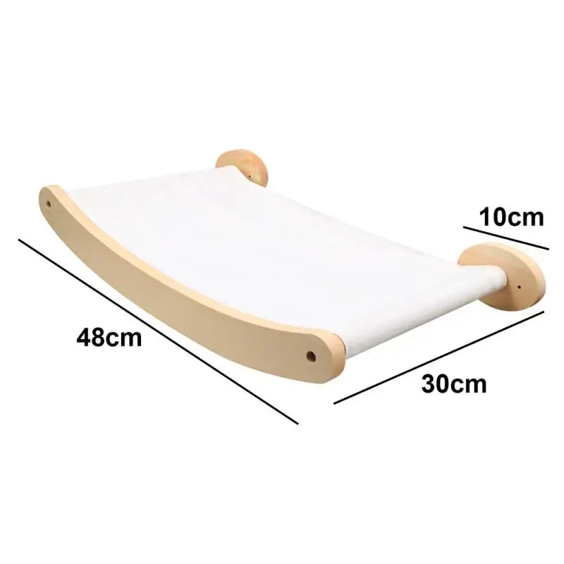 White canvas wall hammock on a curved wooden frame, 48 cm long and 30 cm wide, with 10 cm round mounts
