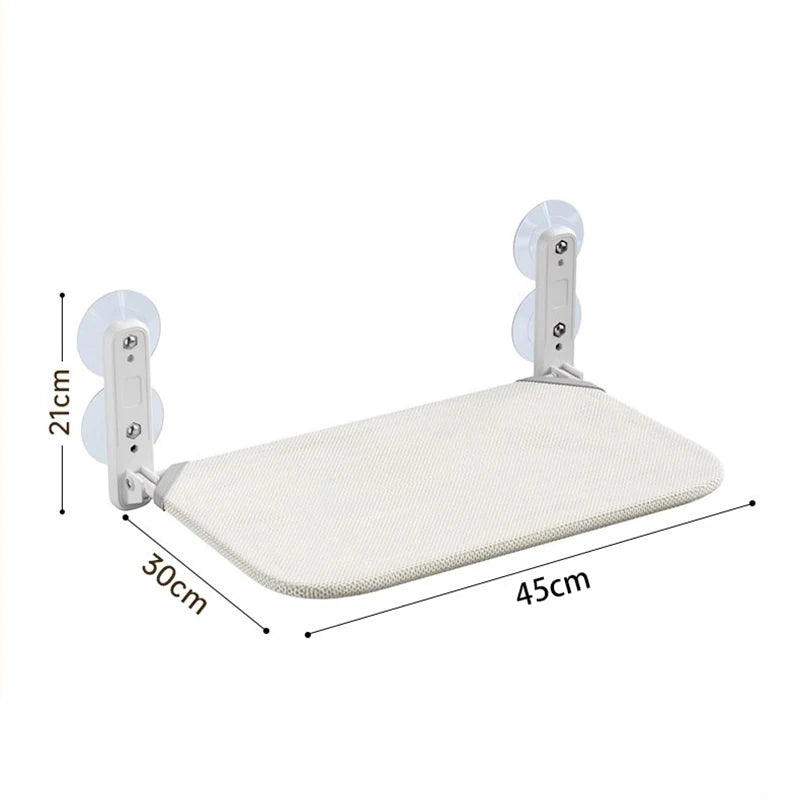 Light yellow window cat bed on suction cup brackets, with dimensions: 45 cm wide, 30 cm deep and brackets 21 cm tall