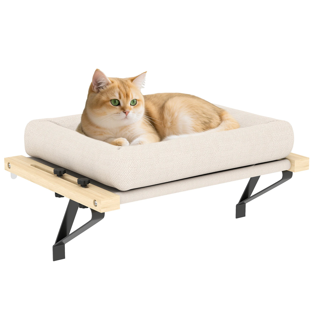 Windowsill cat bed with a cream padded cushion on a pale wood frame and black steel brackets, a ginger cat lying on it