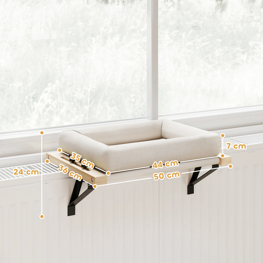 Cream cat bed hooked over a radiator, with dimensions: 44 x 35 cm cushion, 50 x 36 cm frame, 7 cm deep, 24 cm high