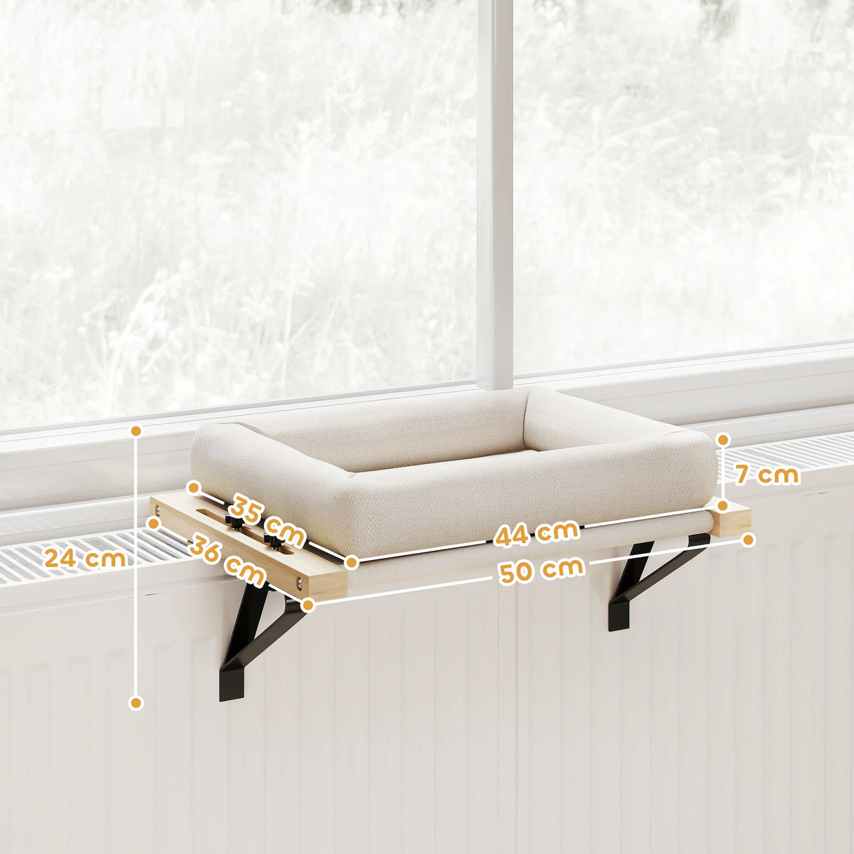 Cream cat bed hooked over a radiator, with dimensions: 44 x 35 cm cushion, 50 x 36 cm frame, 7 cm deep, 24 cm high
