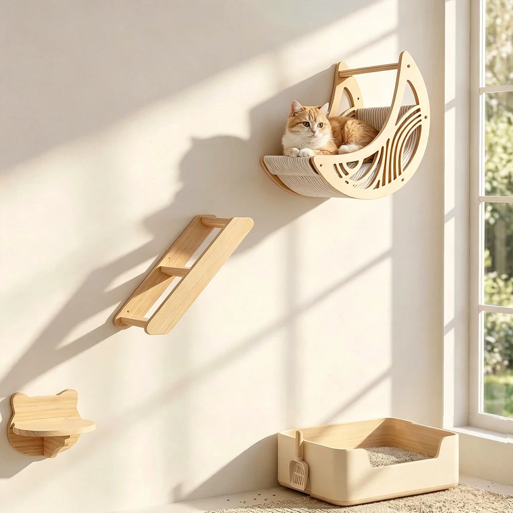 Wood cat tree pieces on a sunlit wall: a moon bed with a ginger and white cat inside, a ladder and a cat-face shelf