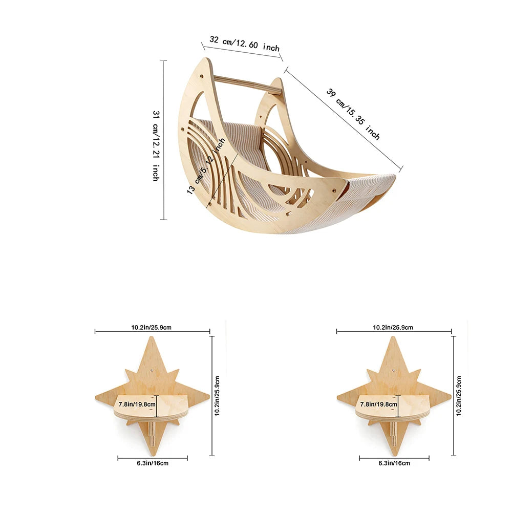 Set of a wooden moon bed and two star-shaped wall perches: bed 32 by 39 cm and 31 cm high, stars 25.9 cm