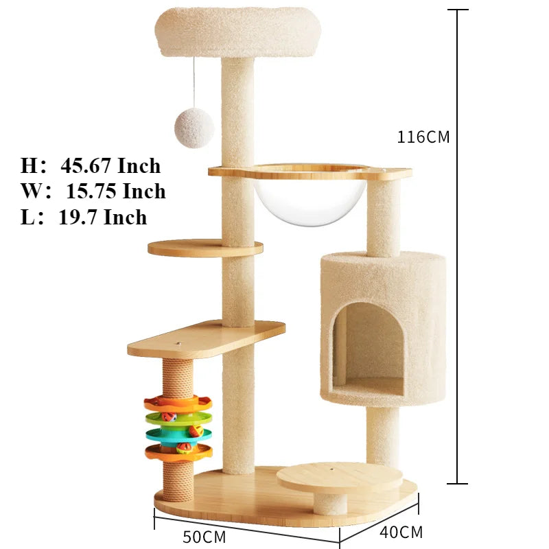 Cream plush and wood cat tree with a round top bed, bubble bed, plush cave and ball track toy, 116 cm high, base 50 by 40 cm