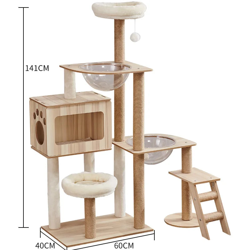 Wooden cat tree with a cat house, two bubble beds, a plush basket, top bed and ladder, 141 cm high, base 60 by 40 cm