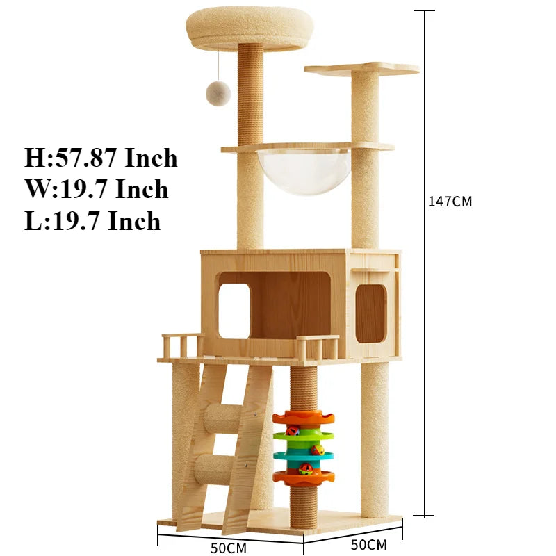 Wooden cat tree with a large cat house, round top bed, bubble bed, ladder and ball track toy, 147 cm high, base 50 by 50 cm