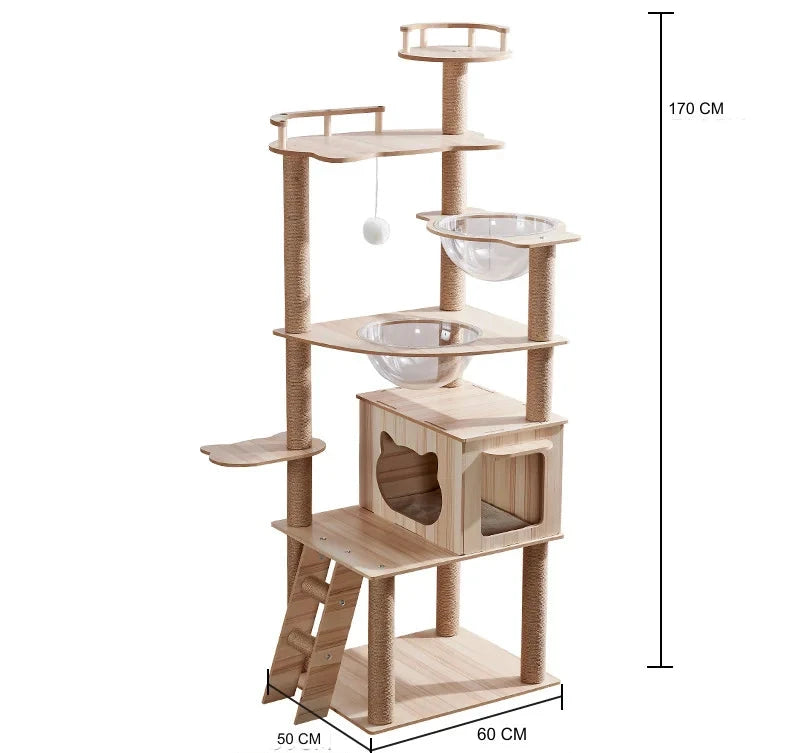 Tall wooden cat tree with rope posts, two bubble beds, a cat house, ladder and railed perches, 170 cm high, base 60 by 50 cm
