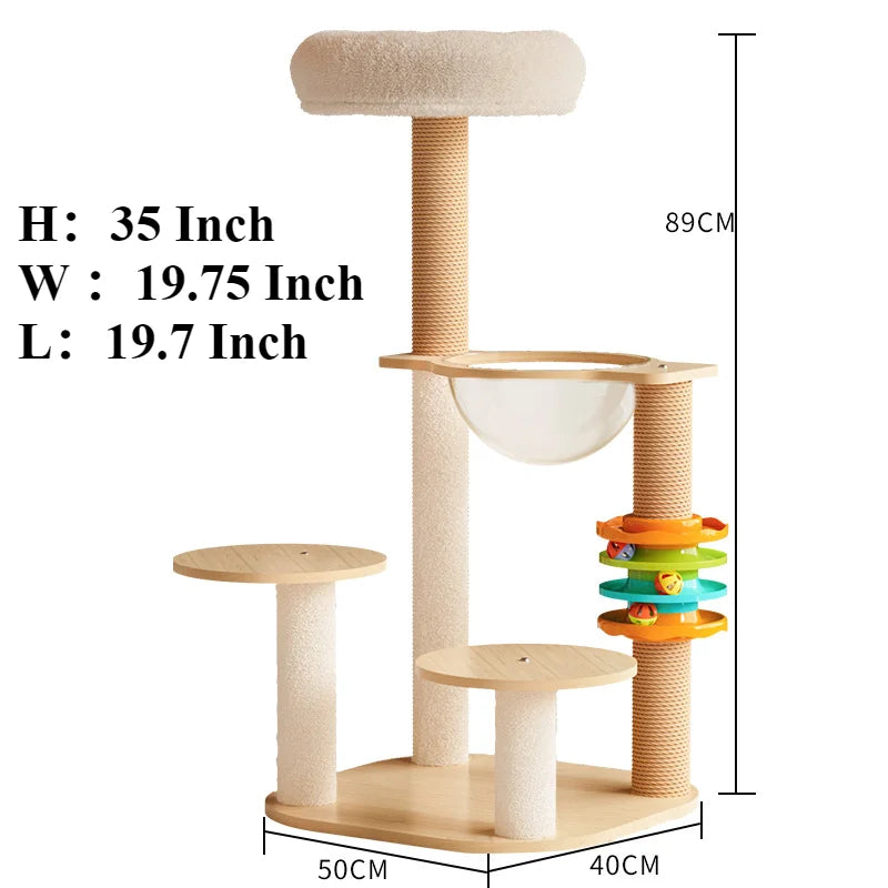 Wooden cat tree with a plush top bed, bubble bed, two small platforms and a ball track toy, 89 cm high, base 50 by 40 cm
