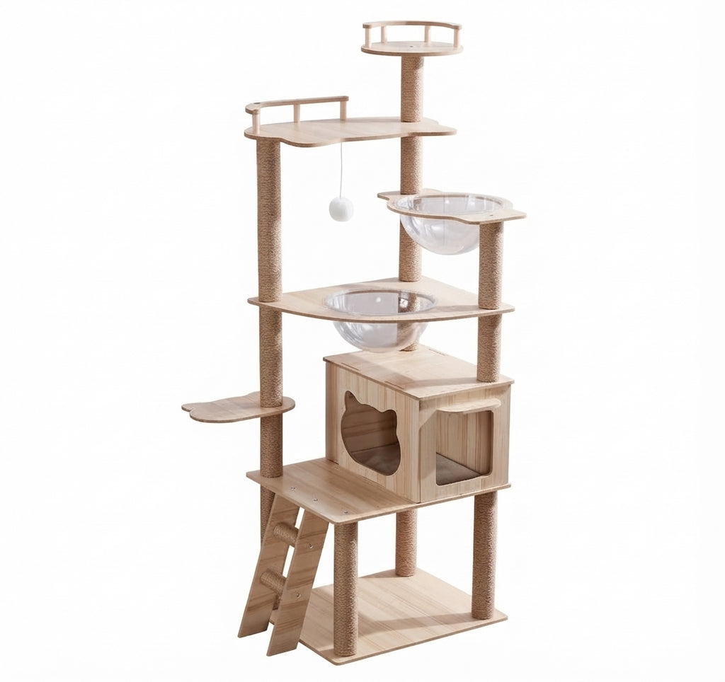 Wooden cat tree with rope posts, clear bubble beds, a cat house, a ladder and railed top perches on a white background
