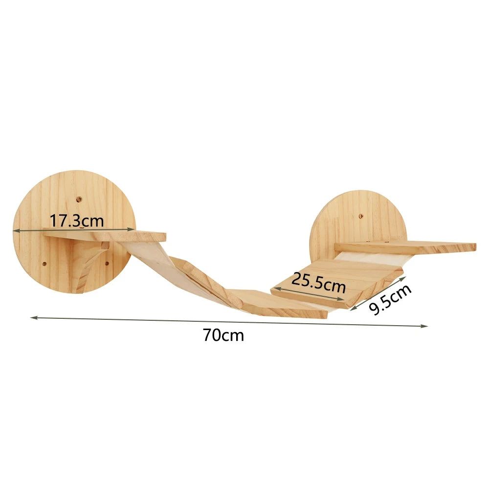 Wooden cat wall bridge of slatted planks between two round plates, 70 cm long, planks 25.5 by 9.5 cm, plates 17.3 cm