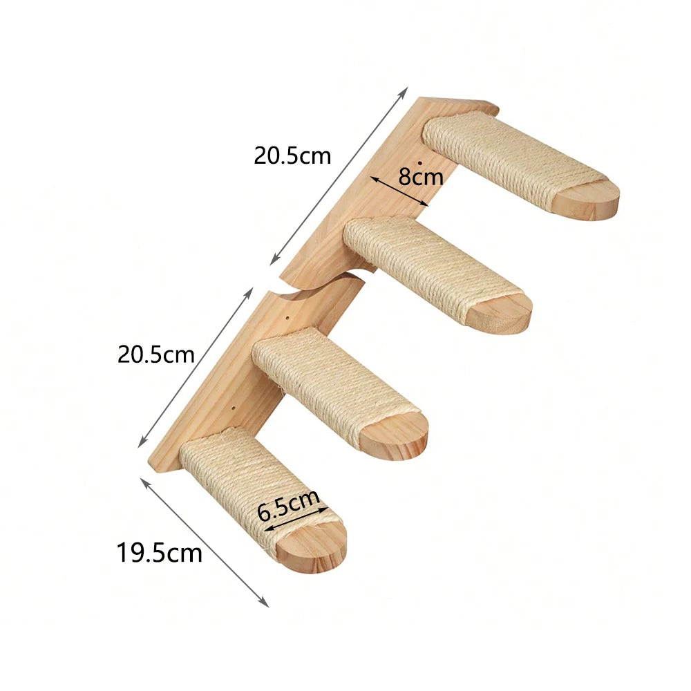 Four-step wooden cat wall ladder in two sections of 20.5 cm, sisal-wrapped steps 19.5 cm long and 6.5 cm wide