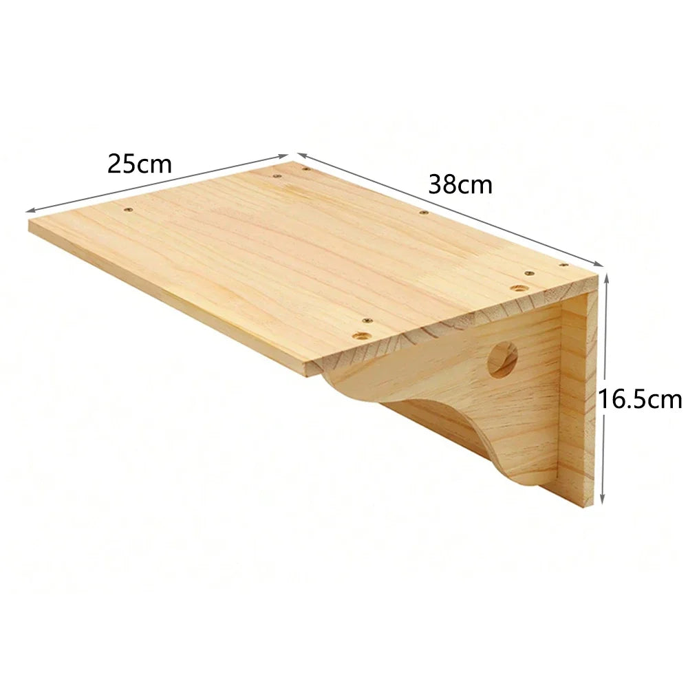 Wooden cat wall shelf on a single shaped bracket, 38 cm long, 25 cm deep and 16.5 cm high