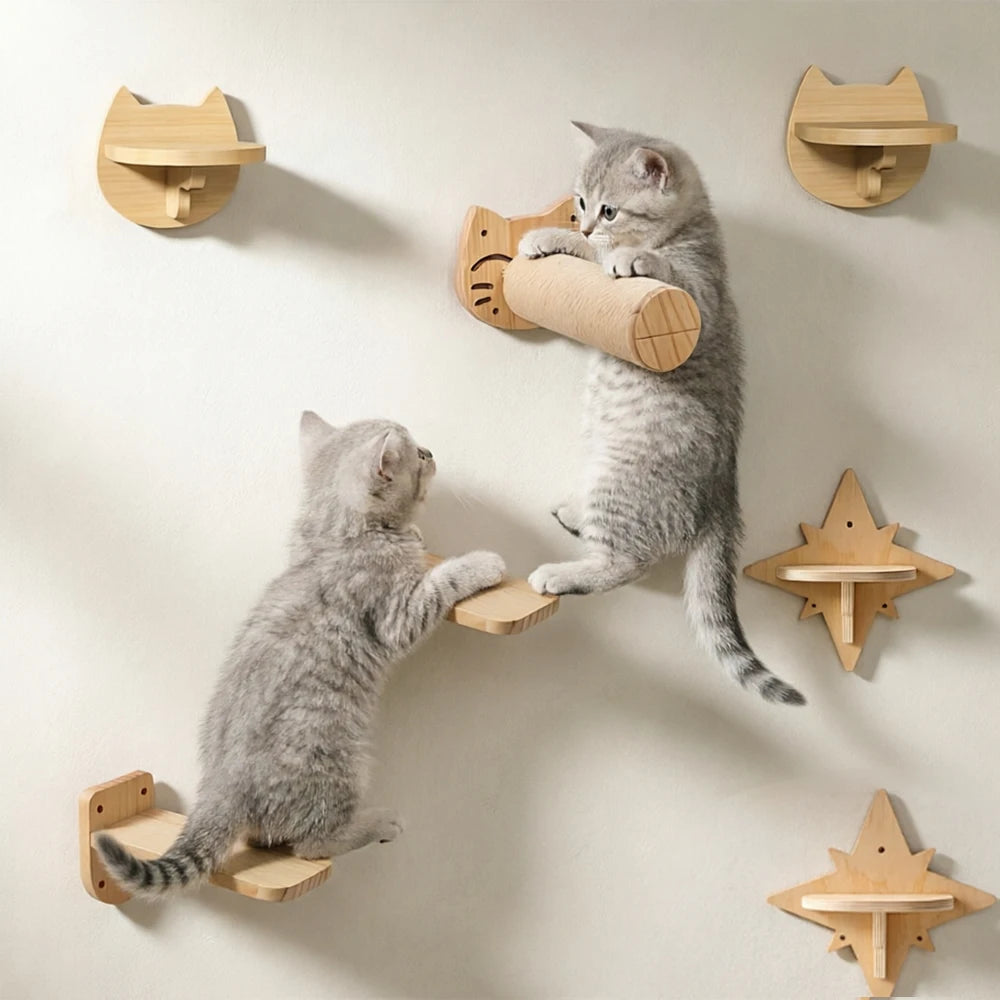 Two grey kittens climbing wooden wall pieces: cat-face shelves, star perches, flat perches and a sisal scratching post