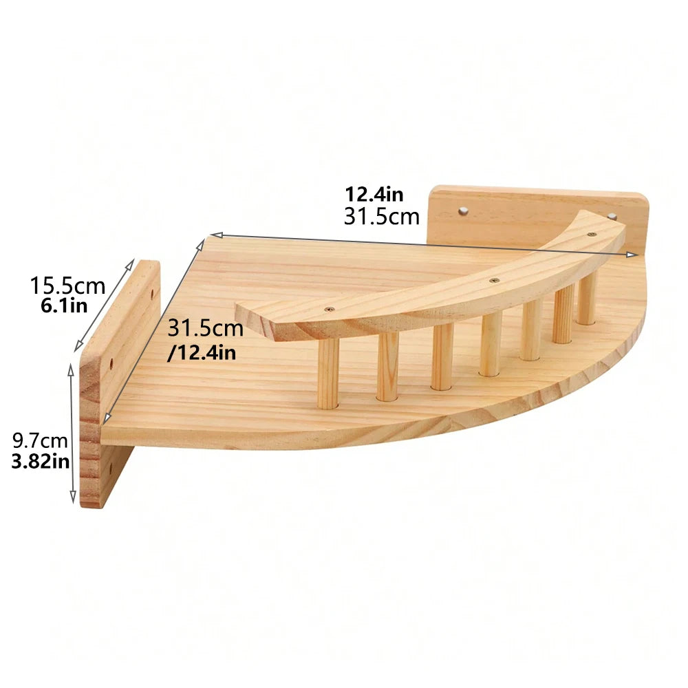 Wooden corner lookout with a curved spindle rail, 31.5 cm (12.4 in) along the side and across the rail, back plate 9.7 cm high