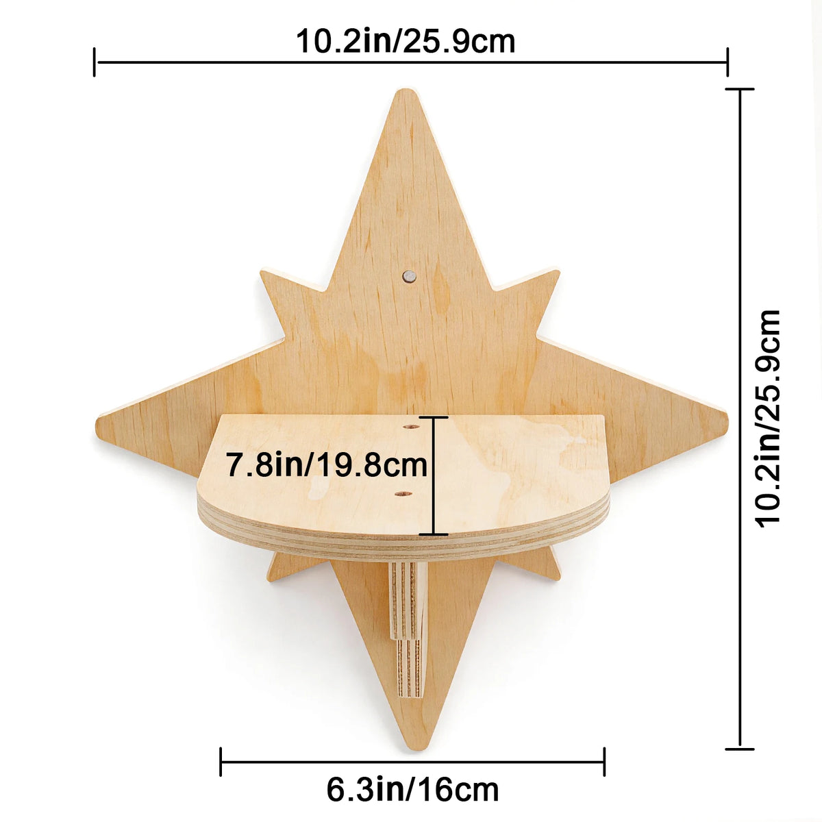 Star-shaped wooden wall perch, 25.9 cm wide and high, with a platform 16 cm wide and 19.8 cm deep
