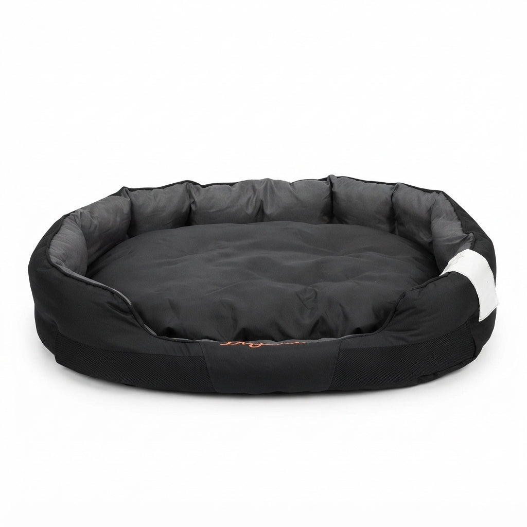 XXL bed for dogs in black Oxford fabric, oval with a padded grey-lined rim and a removable cushion
